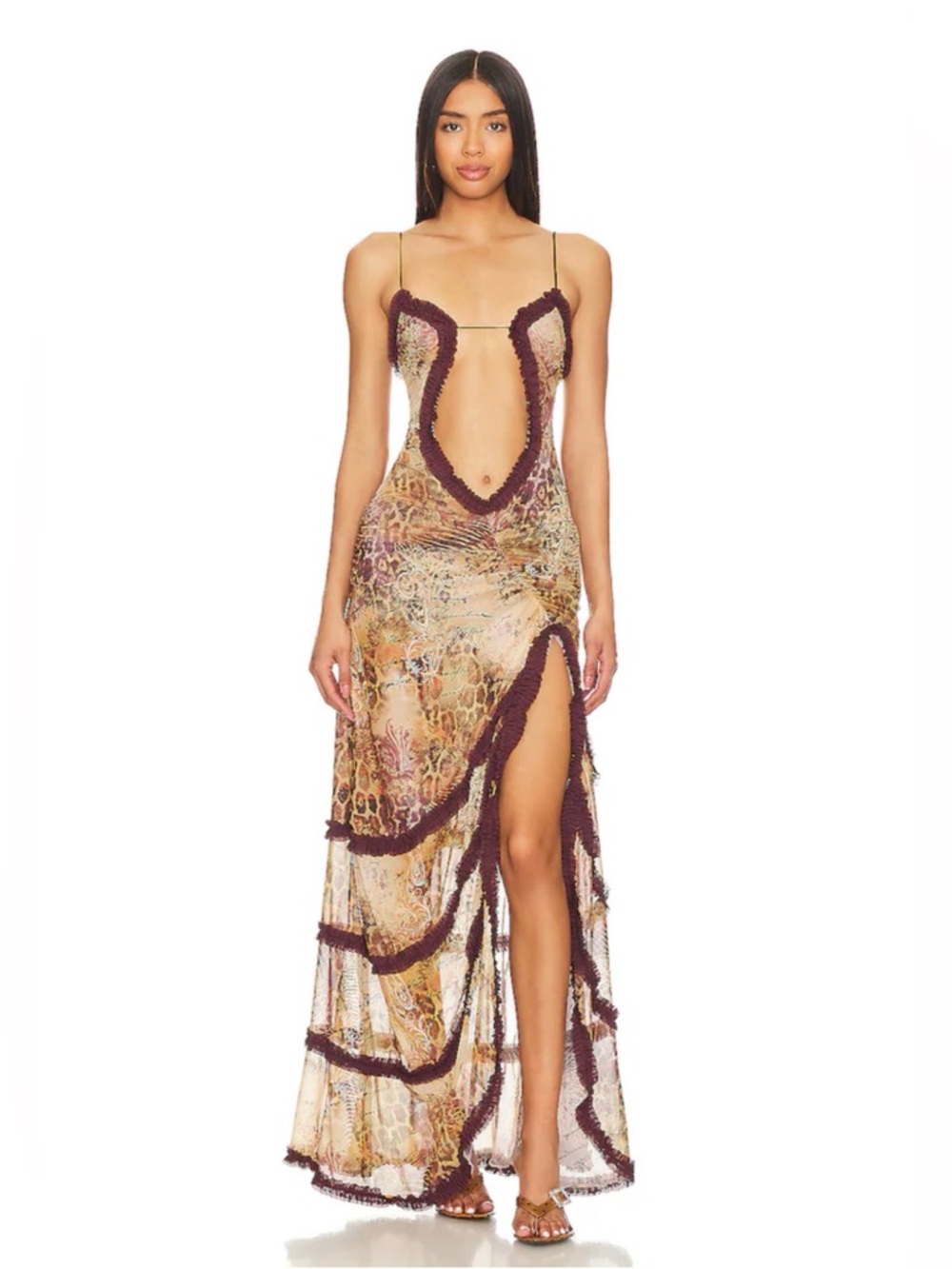 Jaded London Brown Multi Sheer Printed Maxi Dress with Deep V & High Slit